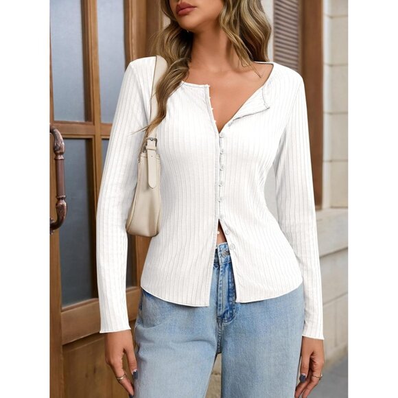 Women's Ribbed Long Sleeve Button-Down Top Fitted Casual Fall Layering - Picture 6 of 8
